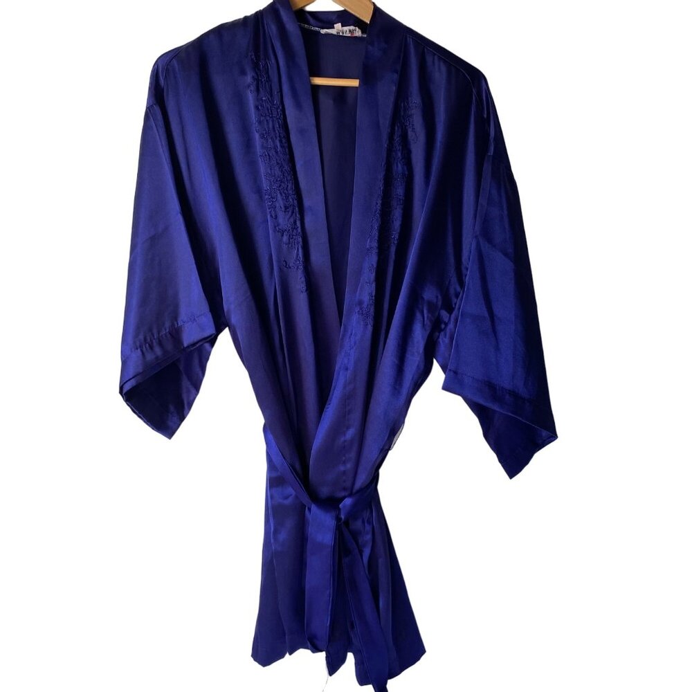 Daffodil hand embroidered purple kimono robe satin short‎ women L